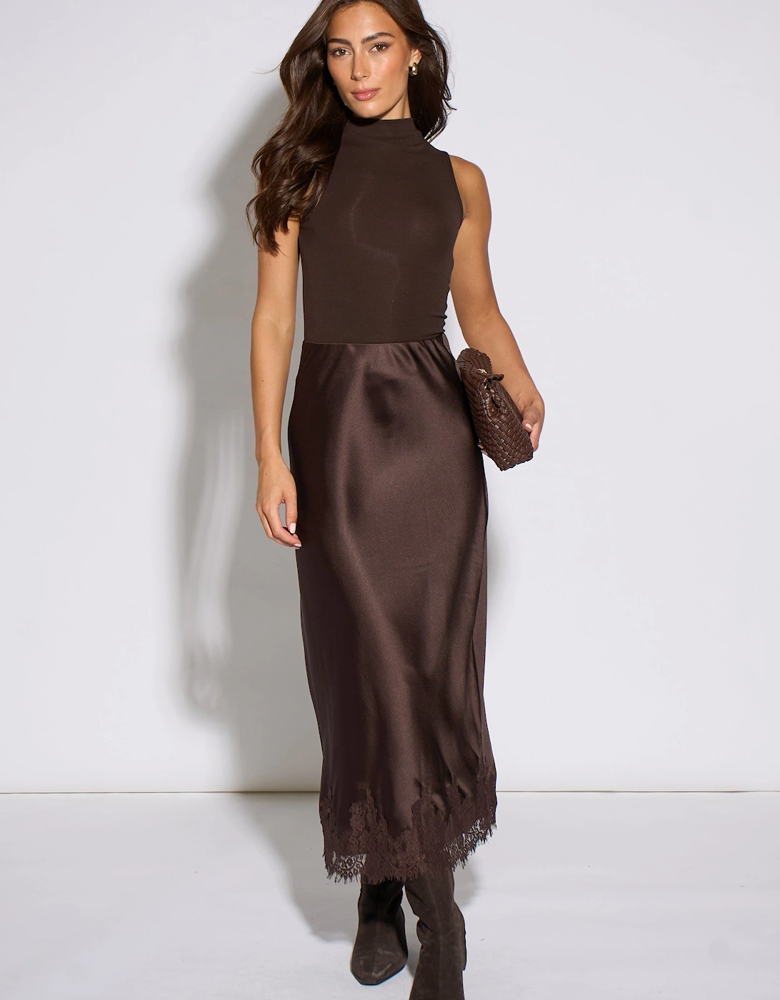 Brown Contrast Lace Trim Satin Bias Skirt