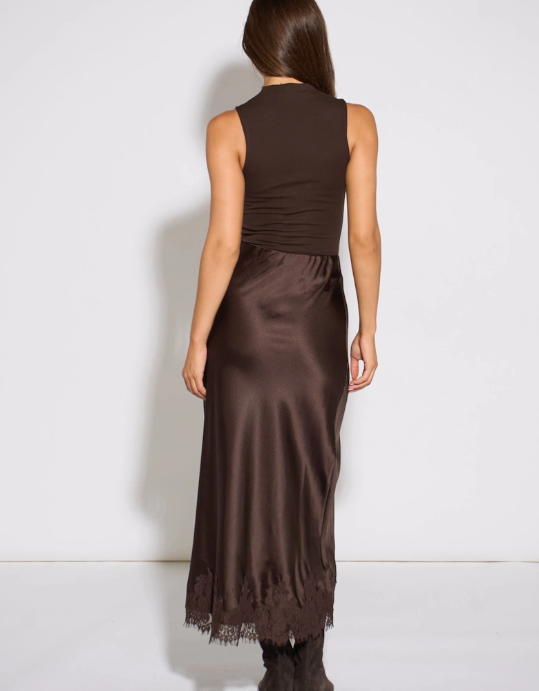 Brown Contrast Lace Trim Satin Bias Skirt