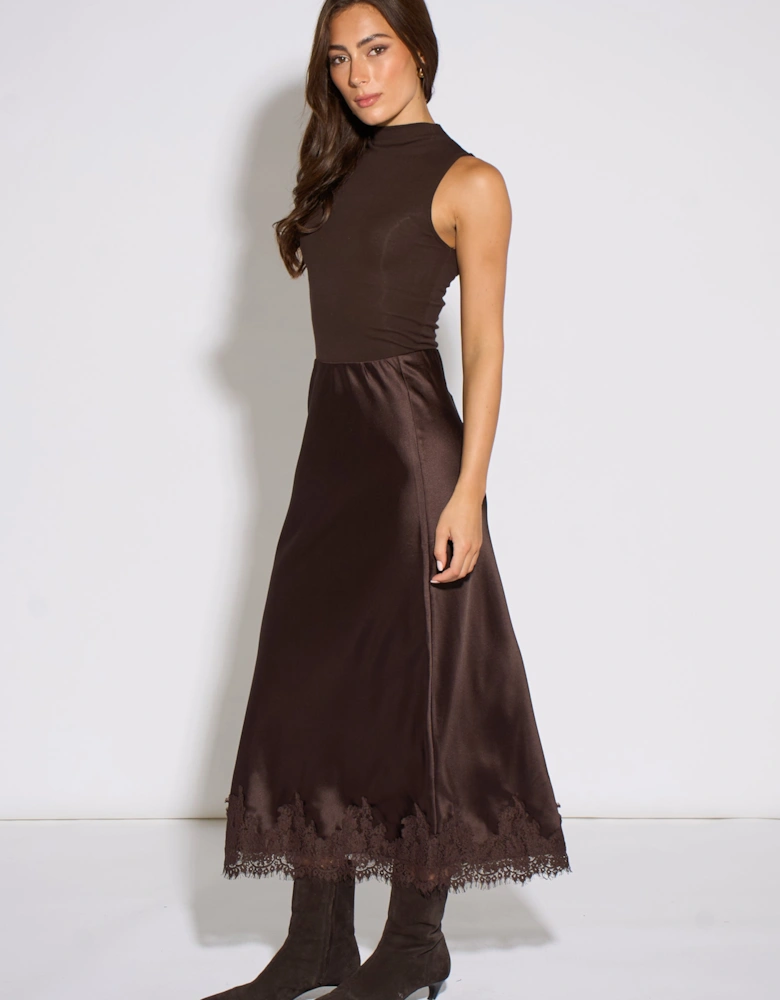 Brown Contrast Lace Trim Satin Bias Skirt