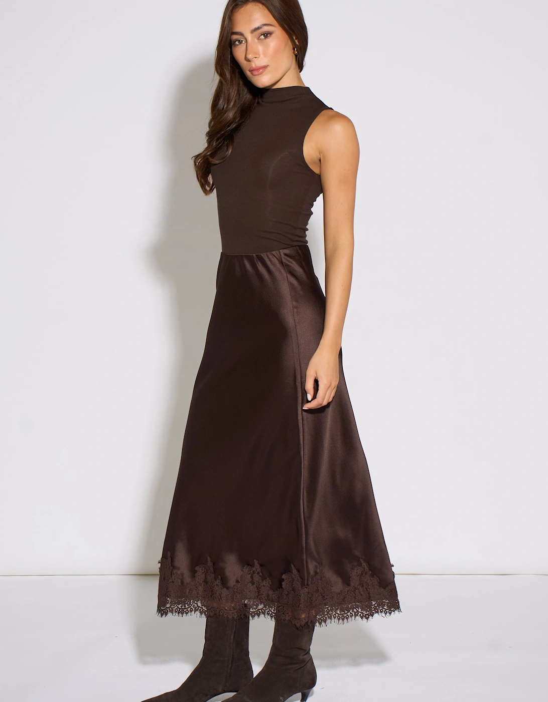 Brown Contrast Lace Trim Satin Bias Skirt