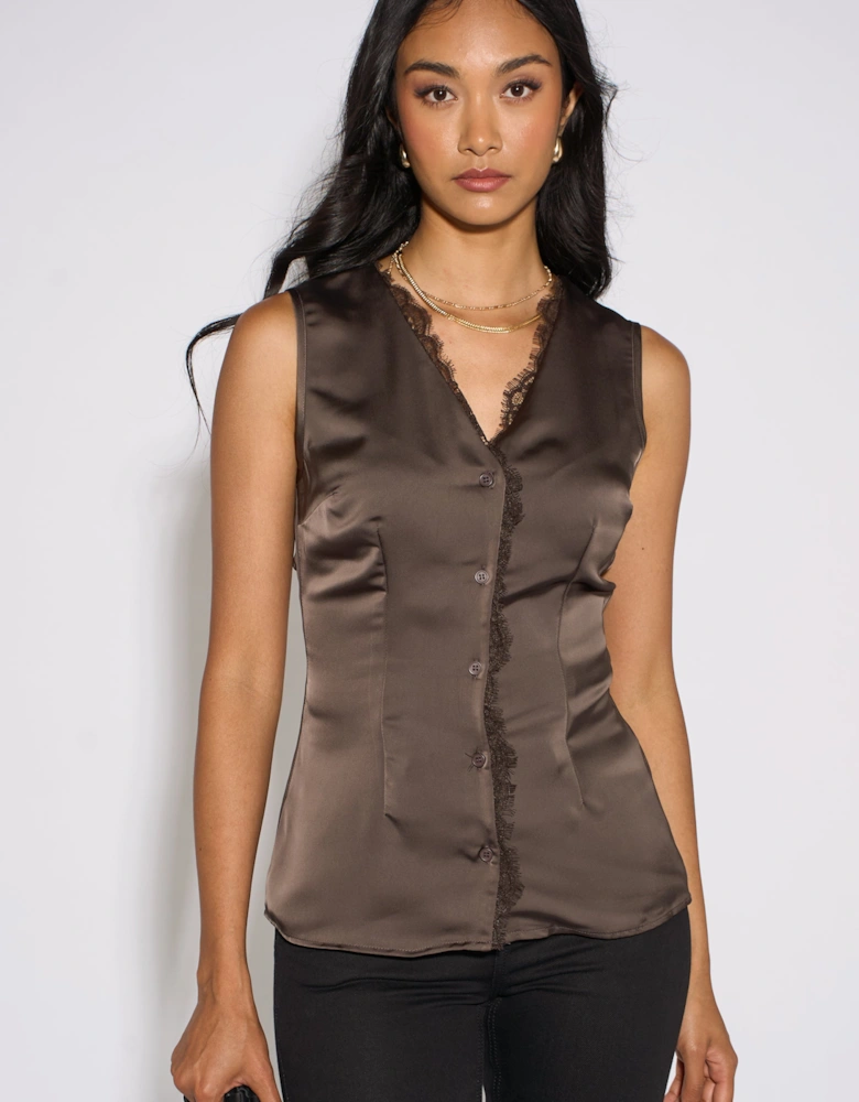 Brown Satin Sleeveless Waistcoat Top