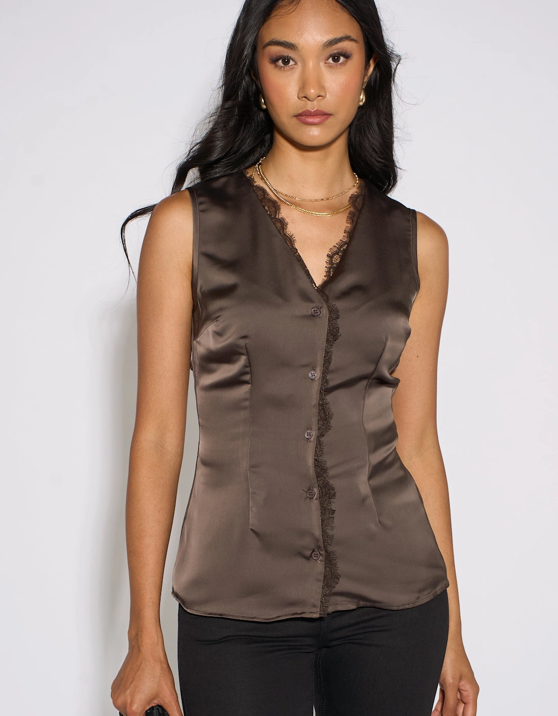 Brown Satin Sleeveless Waistcoat Top, 5 of 4