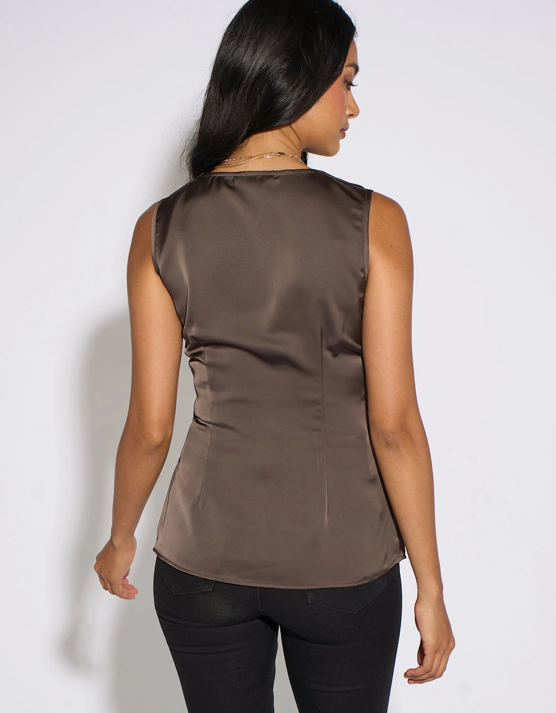 Brown Satin Sleeveless Waistcoat Top