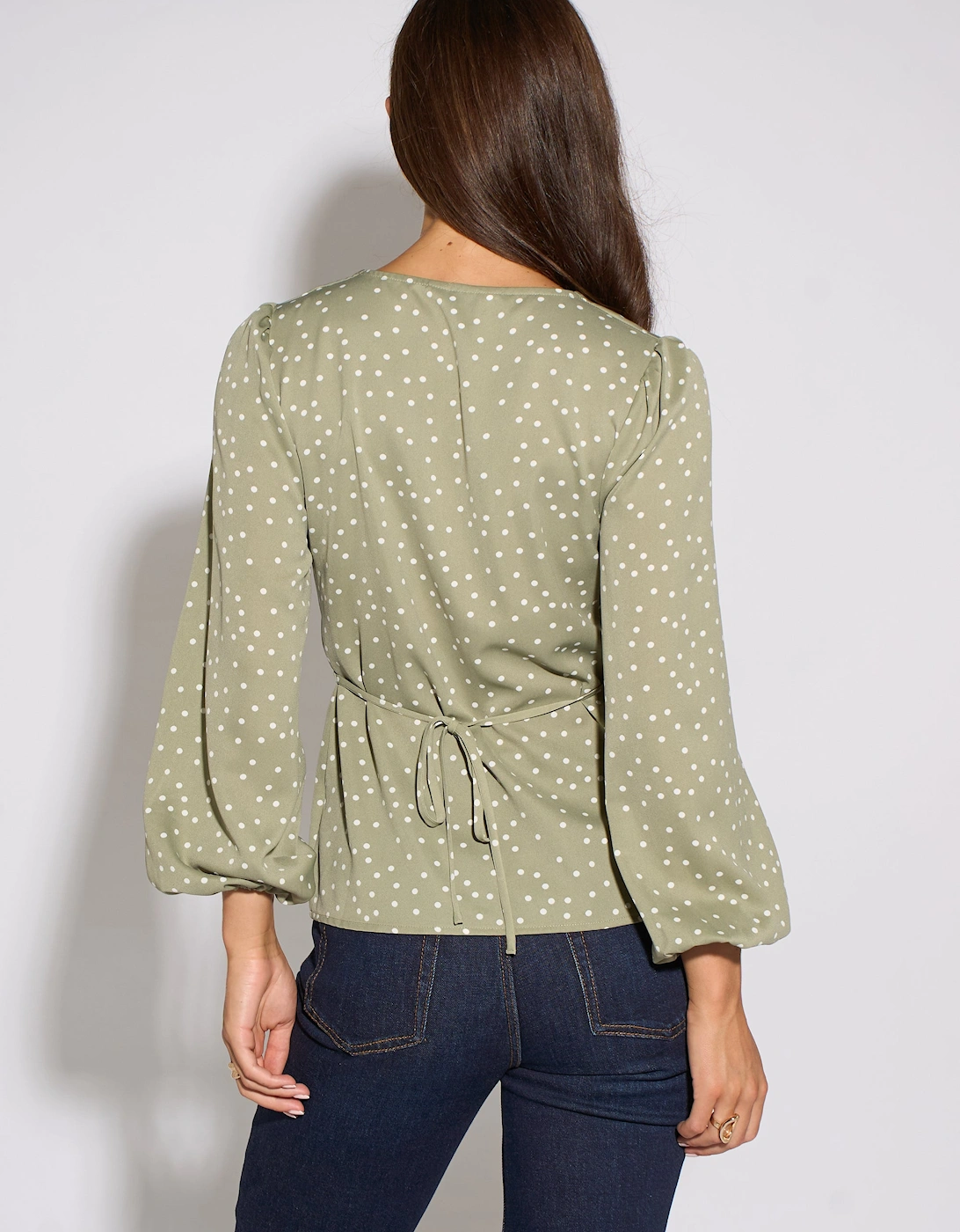 Green V Neck Spot Print Button Front Blouse