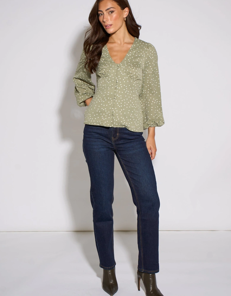 Green V Neck Spot Print Button Front Blouse