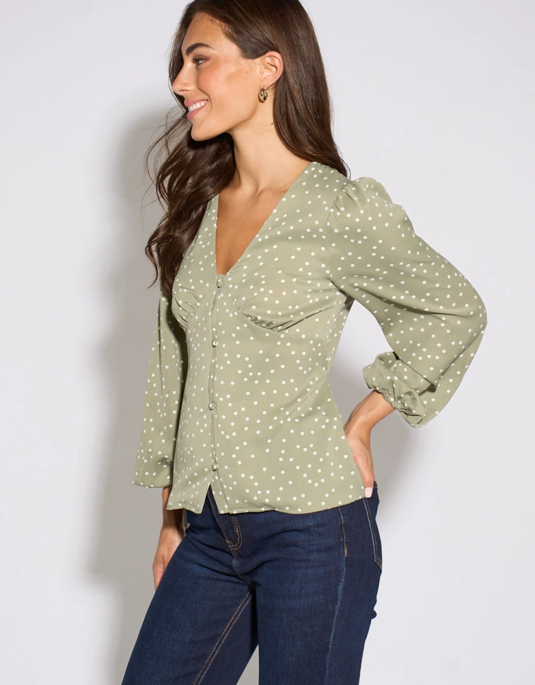 Green V Neck Spot Print Button Front Blouse