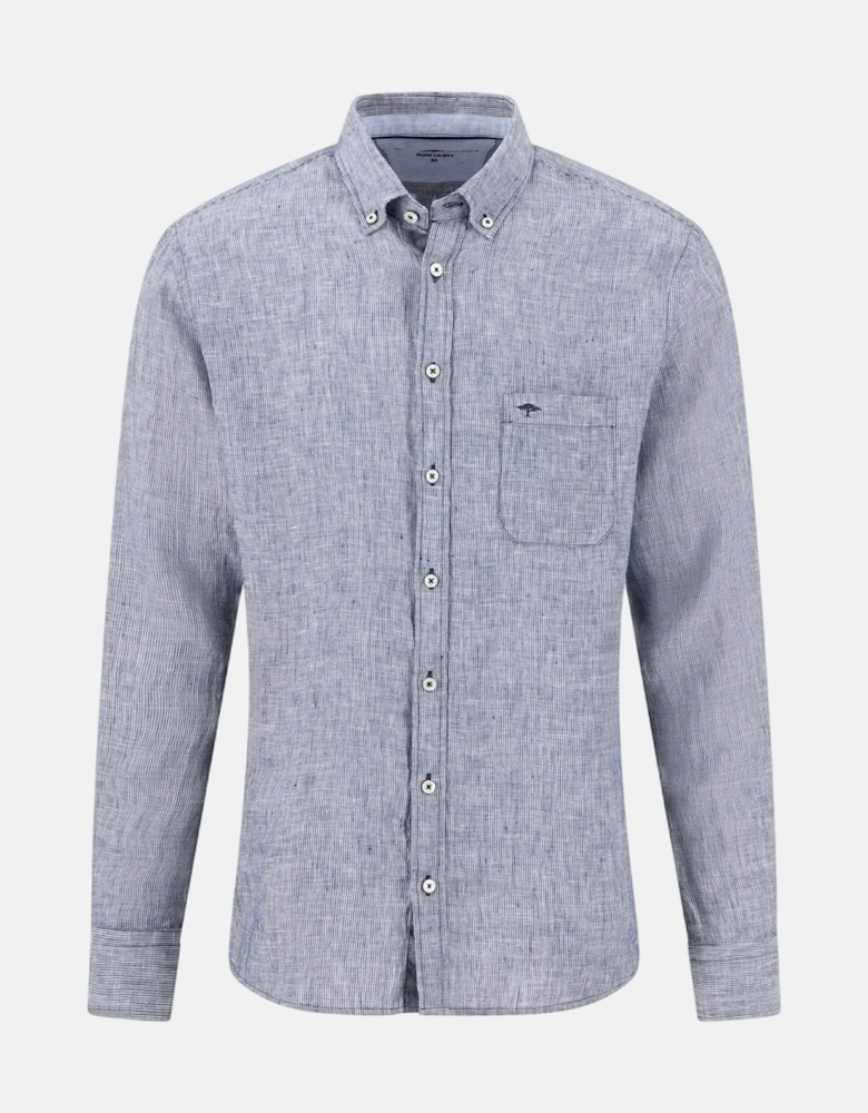 Needle Stripe Linen Button Down Shirt Navy