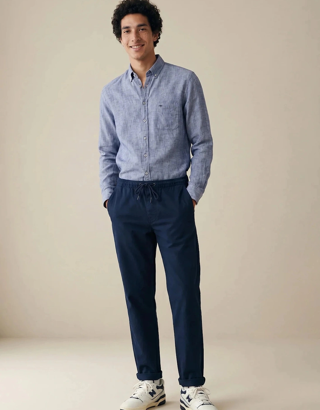 Needle Stripe Linen Button Down Shirt Navy