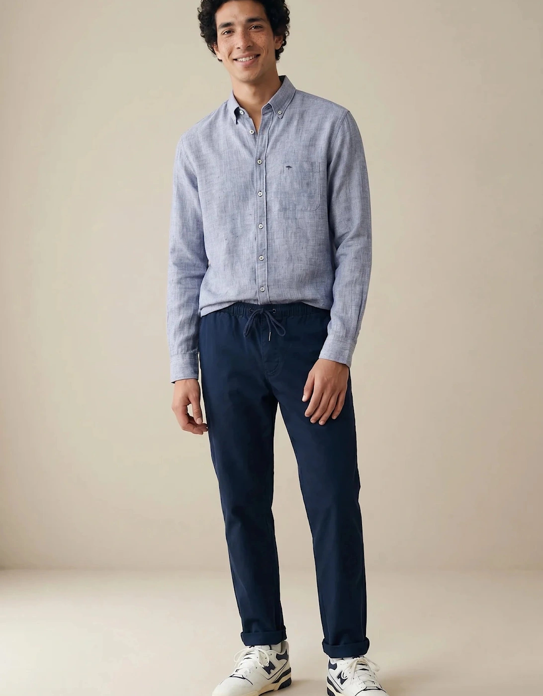 Needle Stripe Linen Button Down Shirt Navy