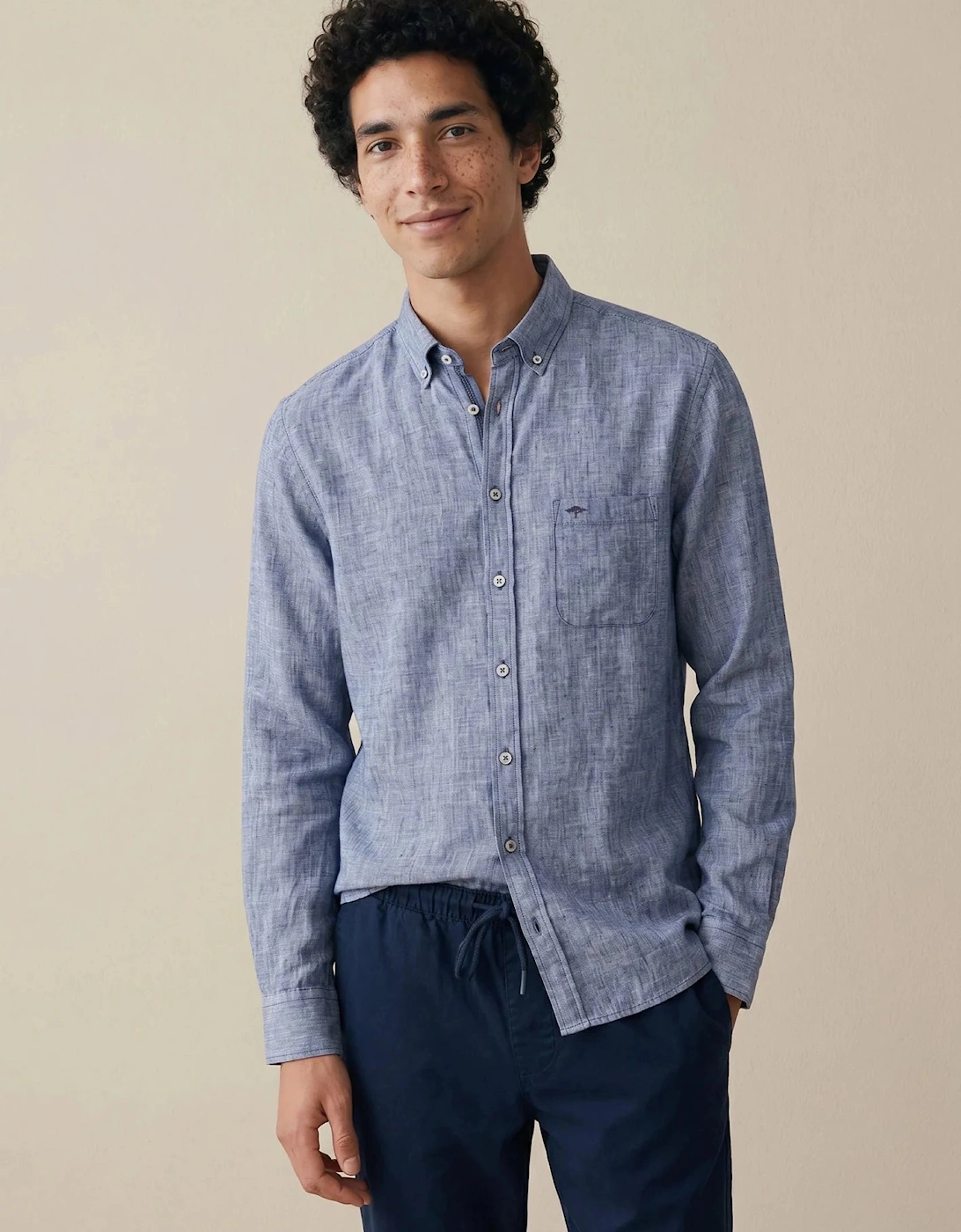Needle Stripe Linen Button Down Shirt Navy