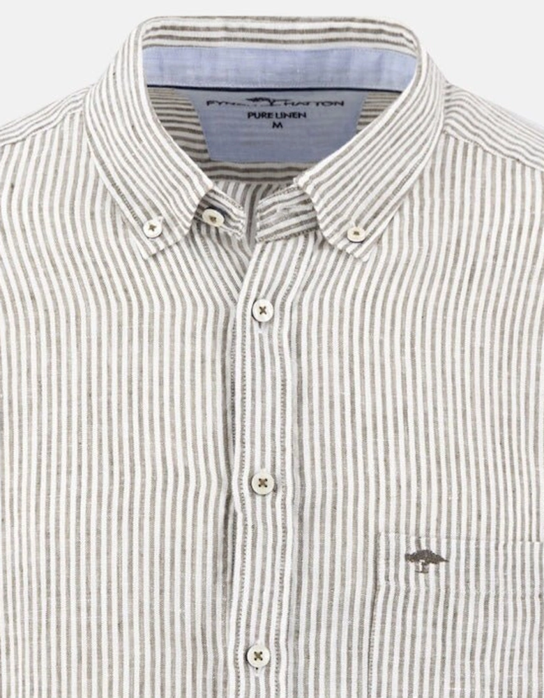 Bengal Stripe Pure Linen Short Sleeved Shirt Dark Khaki