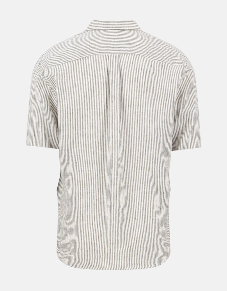 Bengal Stripe Pure Linen Short Sleeved Shirt Dark Khaki
