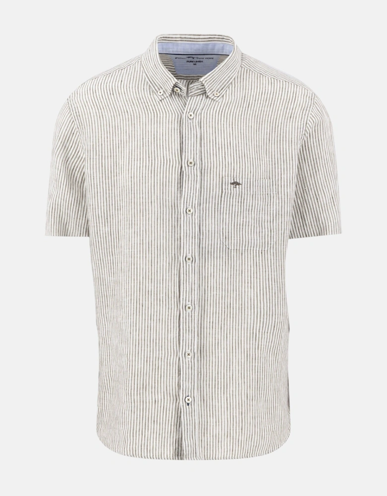 Bengal Stripe Pure Linen Short Sleeved Shirt Dark Khaki