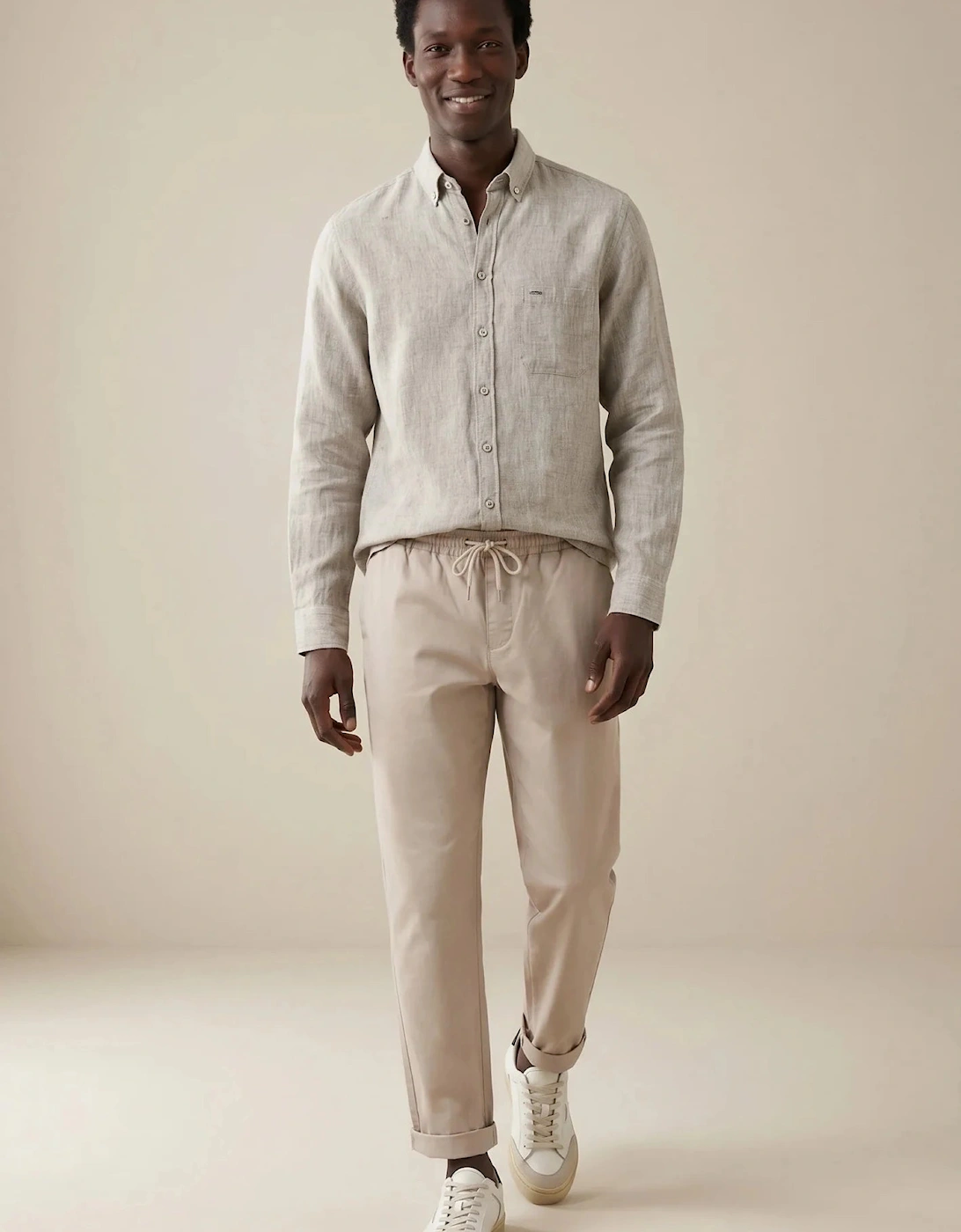Needle Stripe Linen Button Down Shirt Dark Khaki