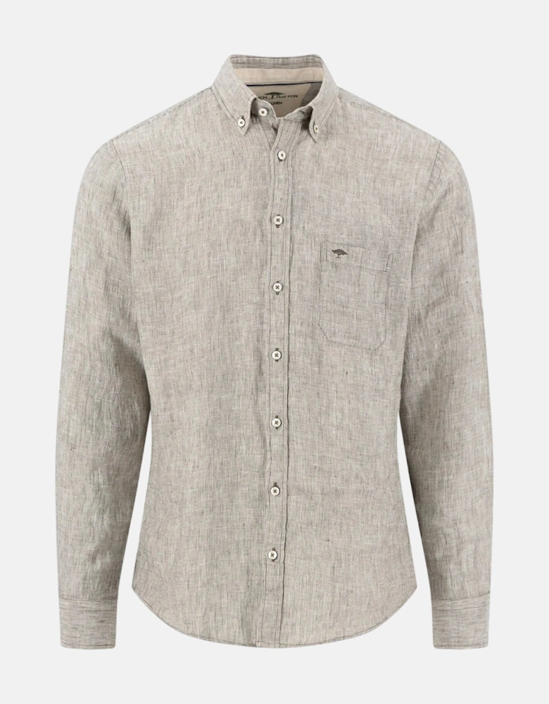 Needle Stripe Linen Button Down Shirt Dark Khaki