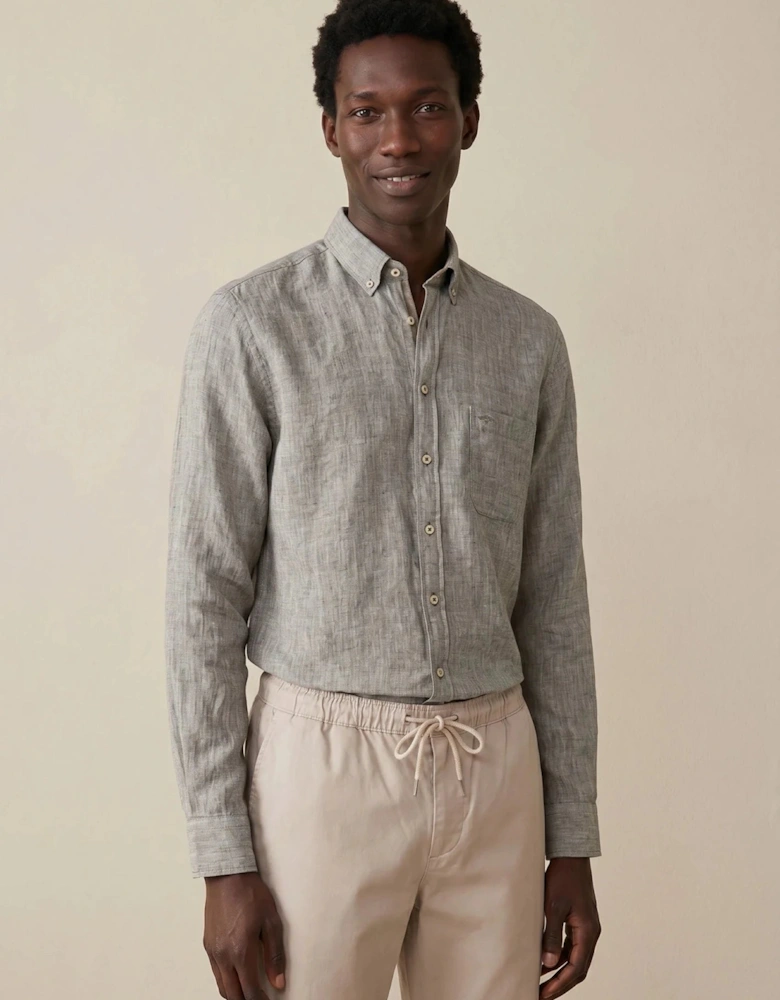 Needle Stripe Linen Button Down Shirt Dark Khaki