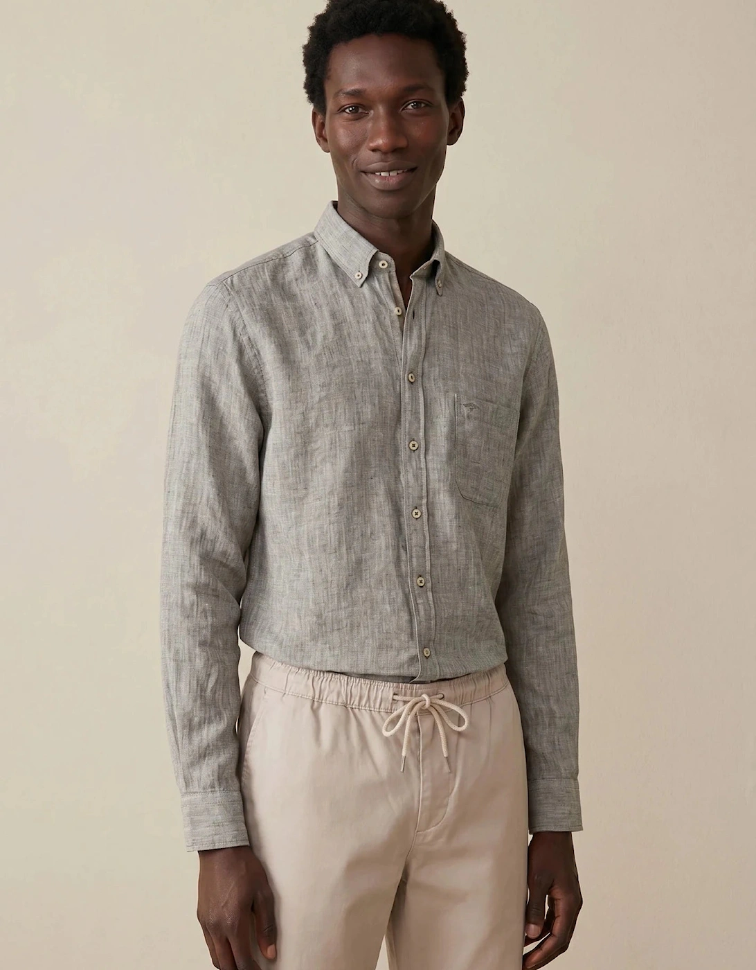 Needle Stripe Linen Button Down Shirt Dark Khaki