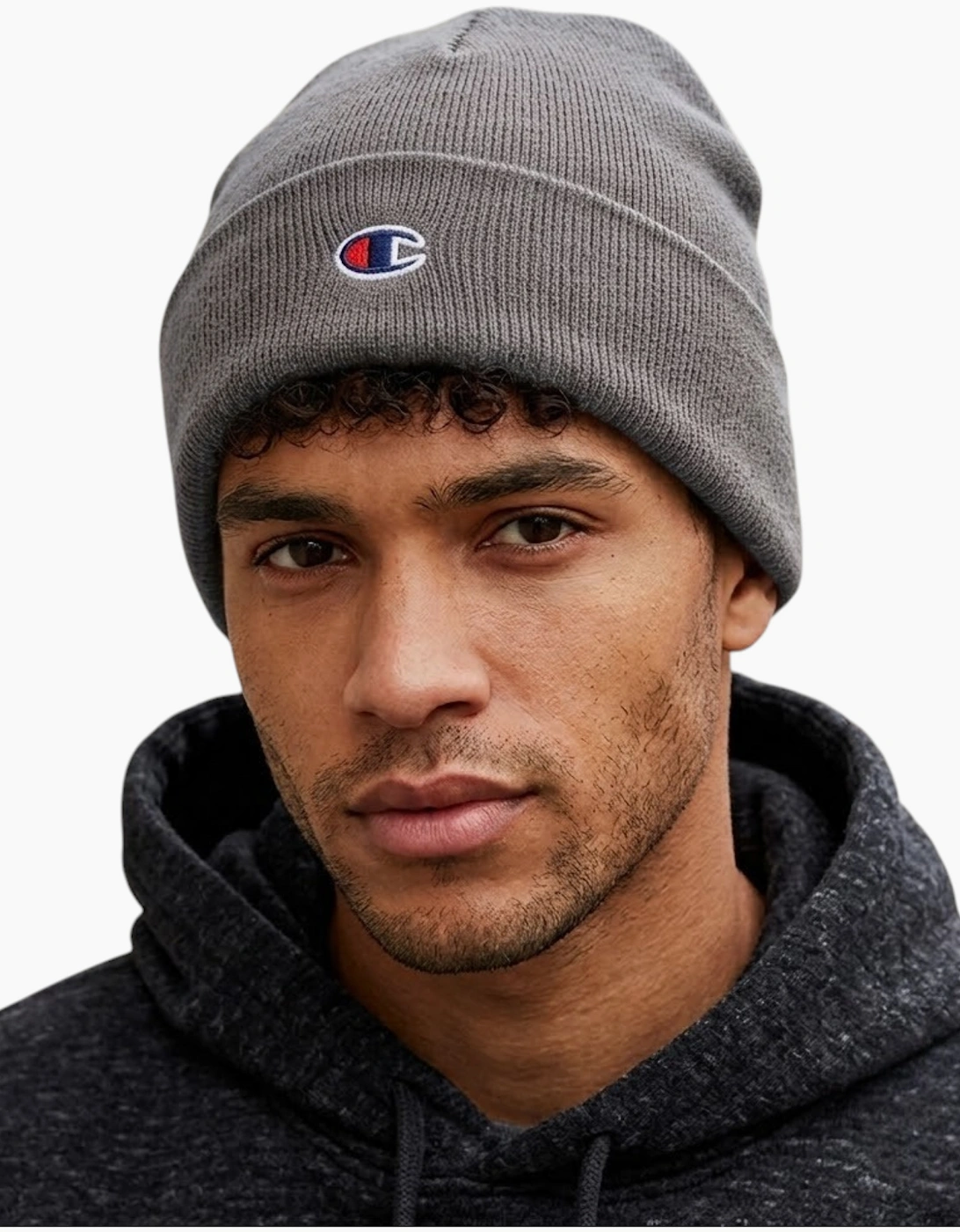 Champion Men's Grey Beanie Hat Winter Warm Thick Knitted Ribbed Outdoor Unisex Caps