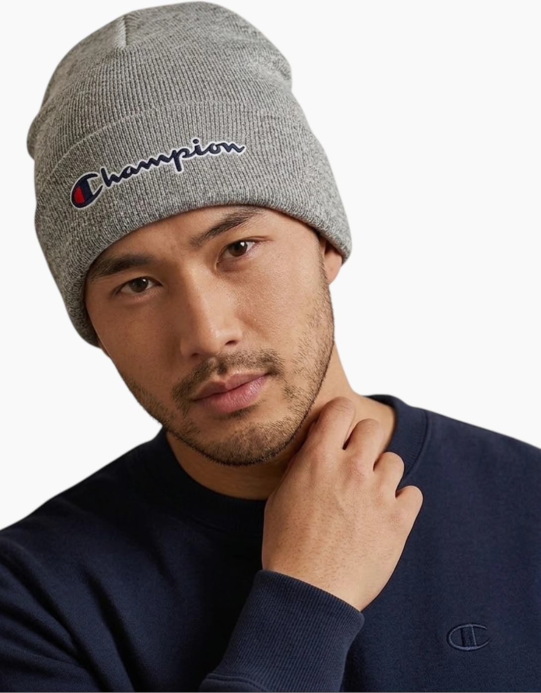 Champion Men's Grey Beanie Hat Winter Warm Thick Knitted Ribbed Outdoor Unisex Caps
