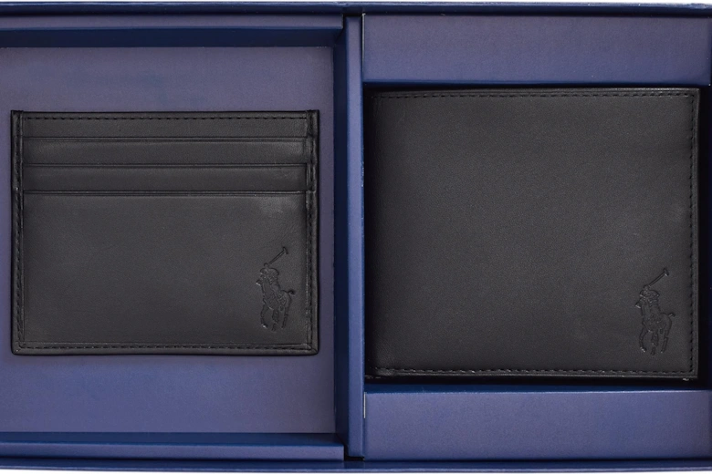Ralph Lauren Mens Wallet Gift Set Box Leather Bifold Credit Card Holder Black