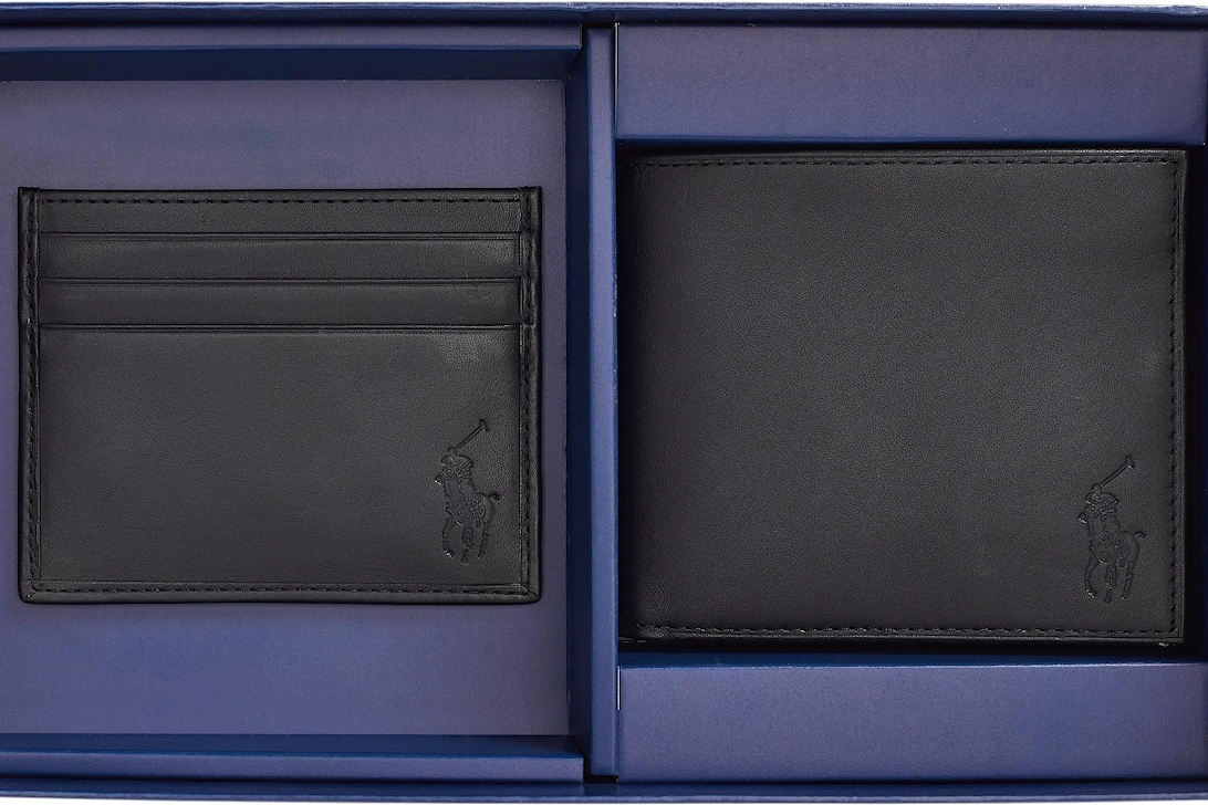 Ralph Lauren Mens Wallet Gift Set Box Leather Bifold Credit Card Holder Black