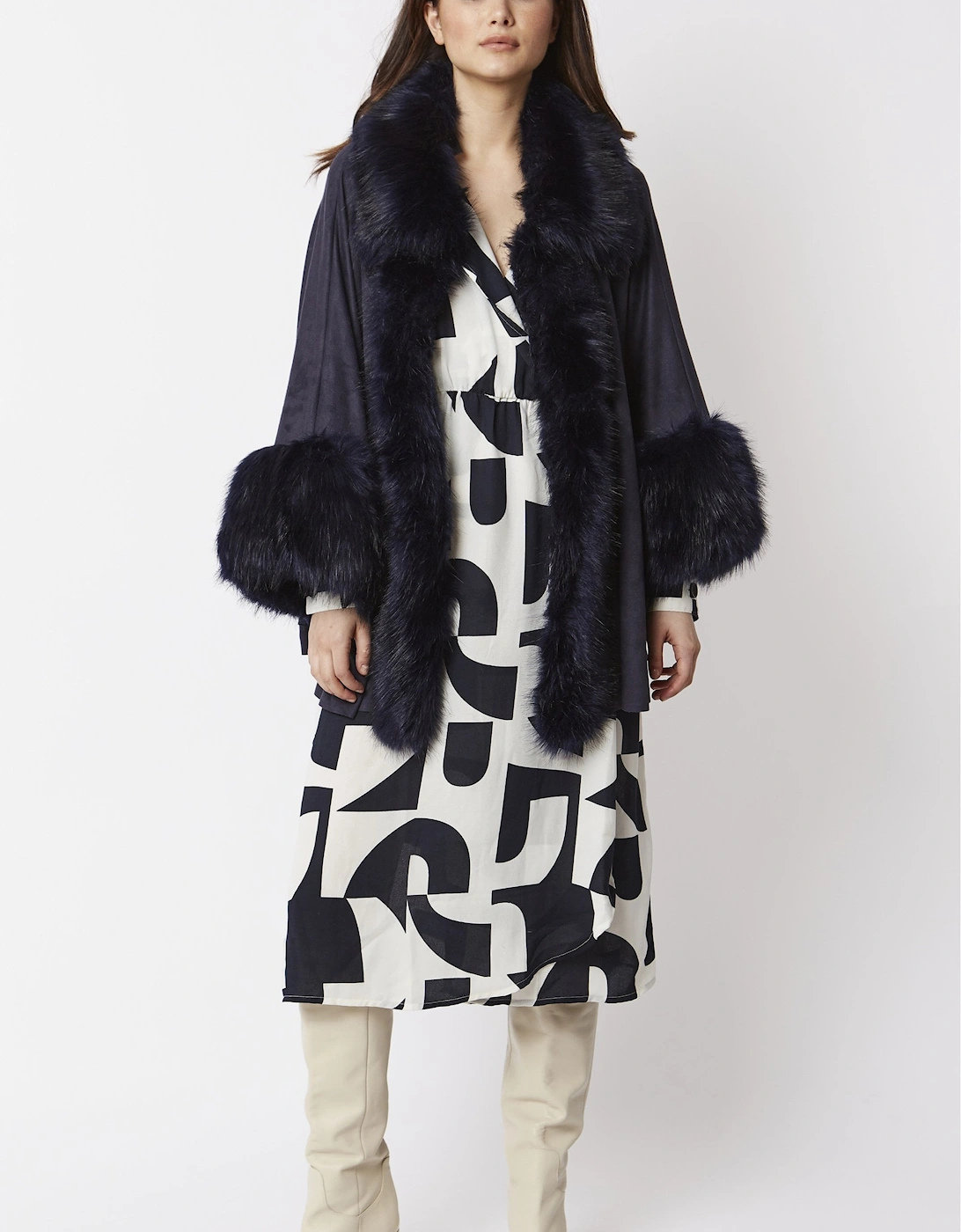 Navy Faux Fur Faux Suede Cape, 6 of 5