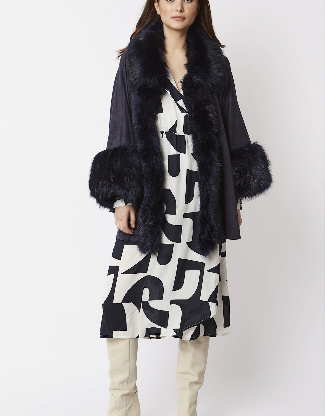 Navy Faux Fur Faux Suede Cape