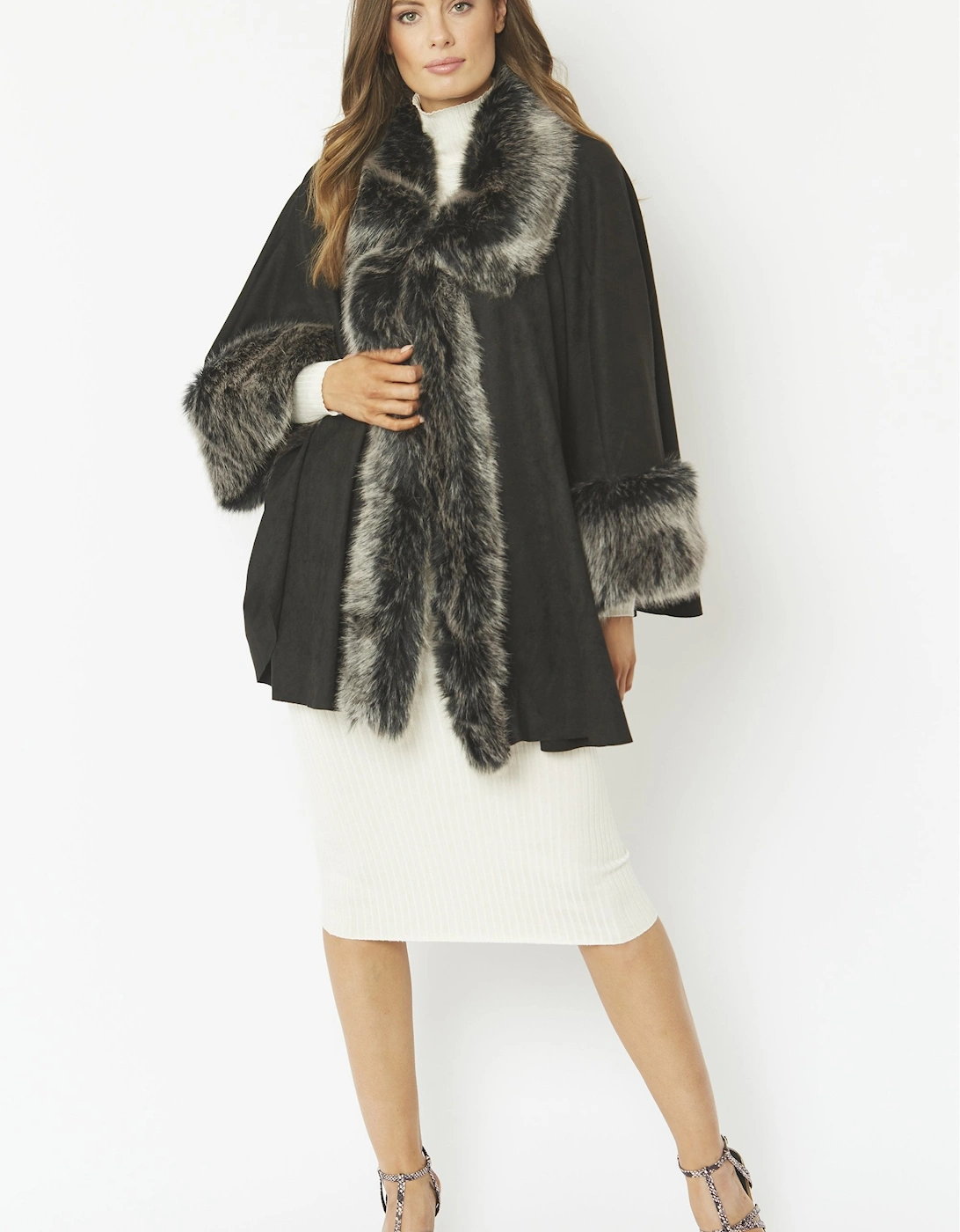 Black Faux Fur Faux Suede Cape