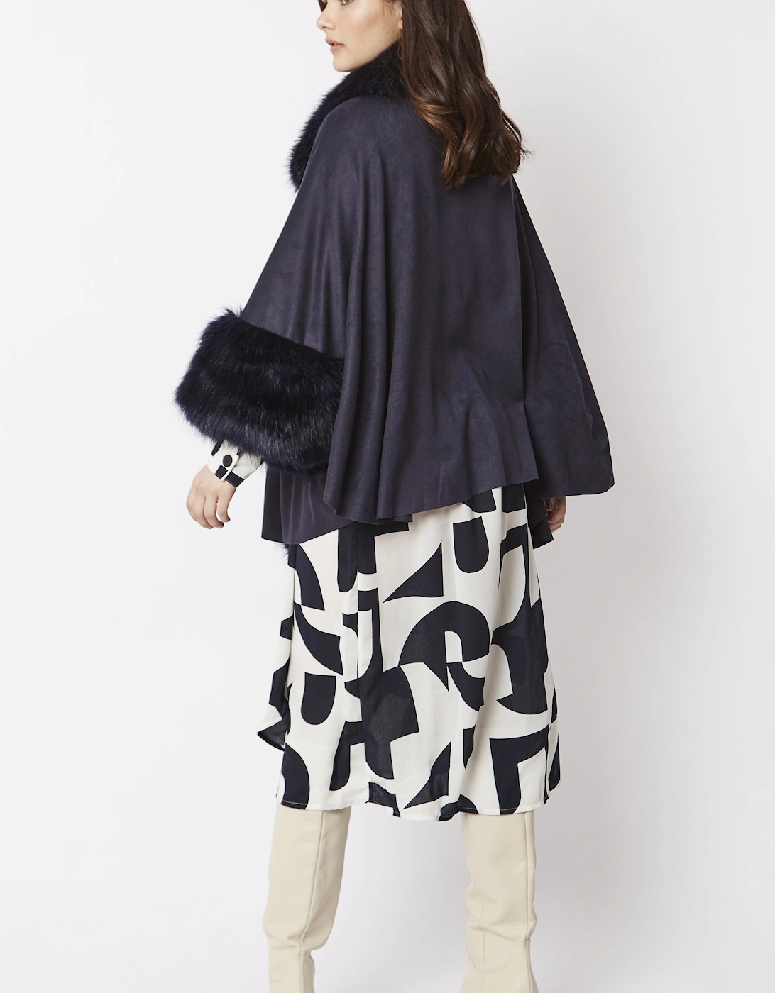 Navy Faux Fur Faux Suede Cape