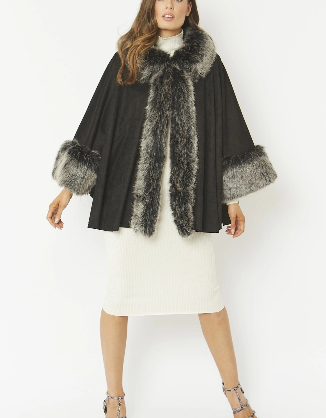 Black Faux Fur Faux Suede Cape