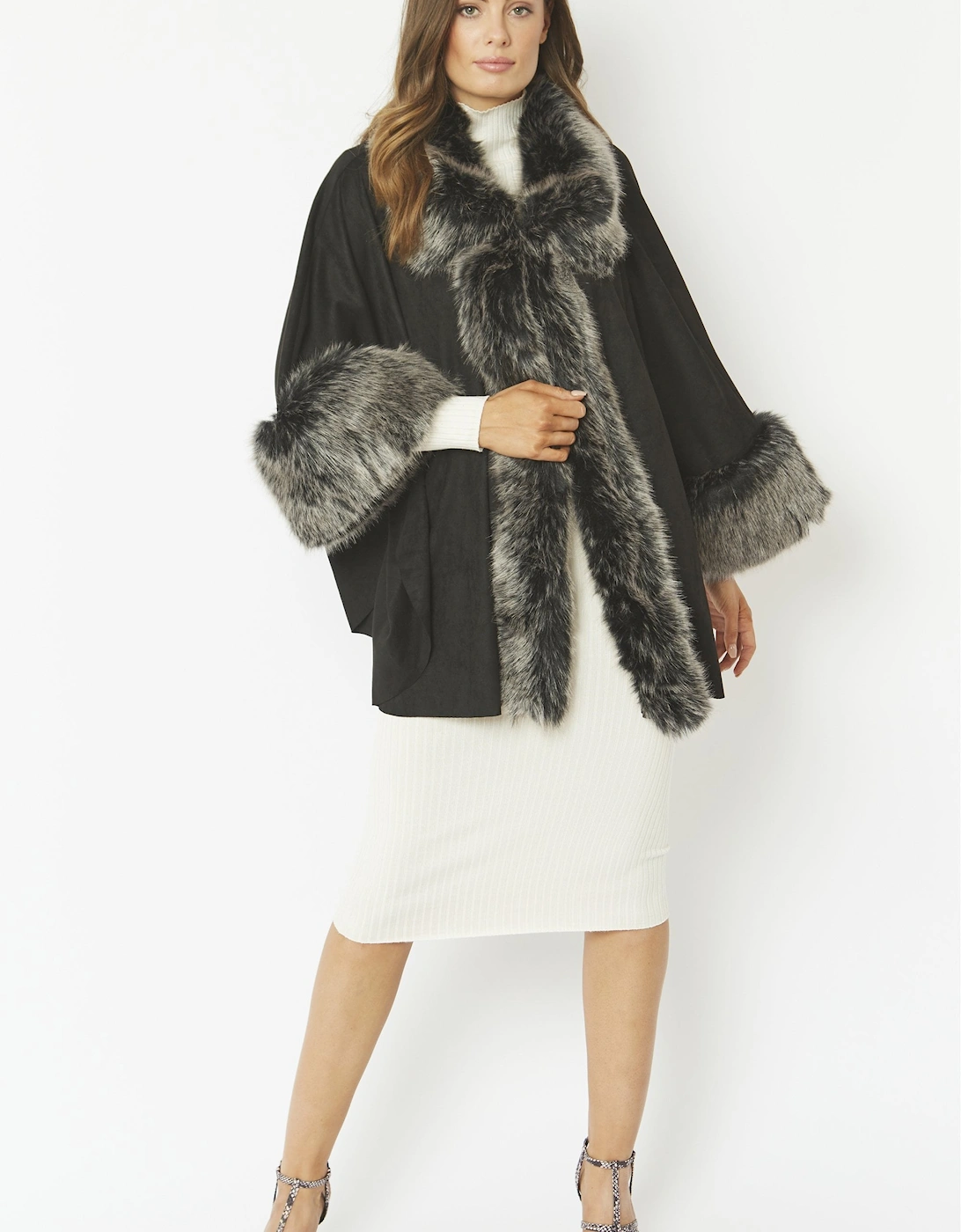 Black Faux Fur Faux Suede Cape
