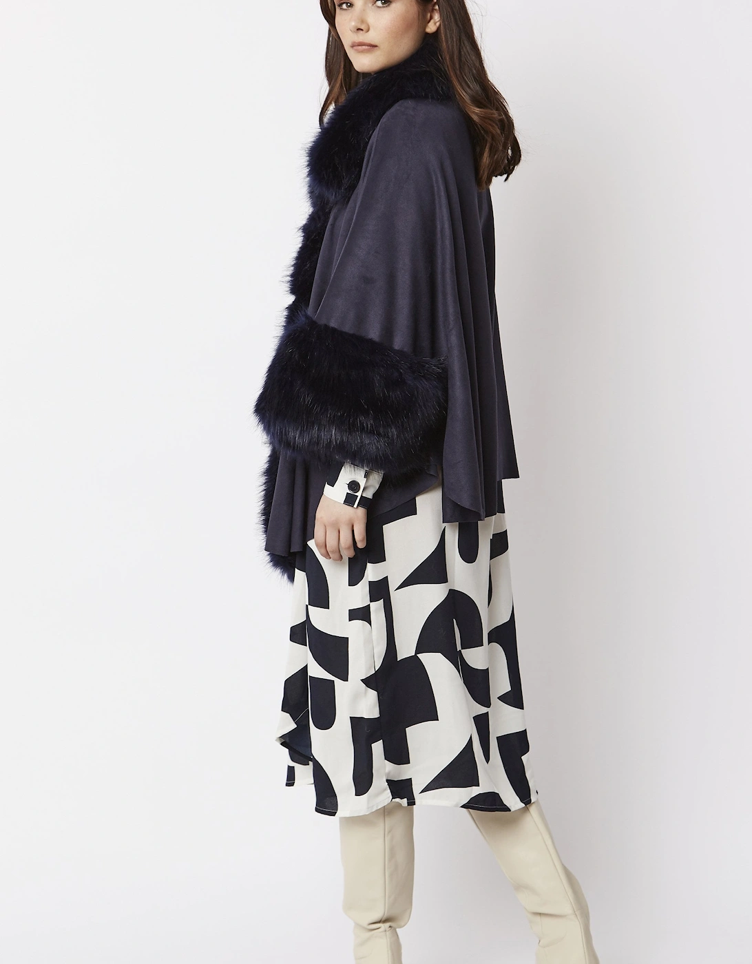 Navy Faux Fur Faux Suede Cape