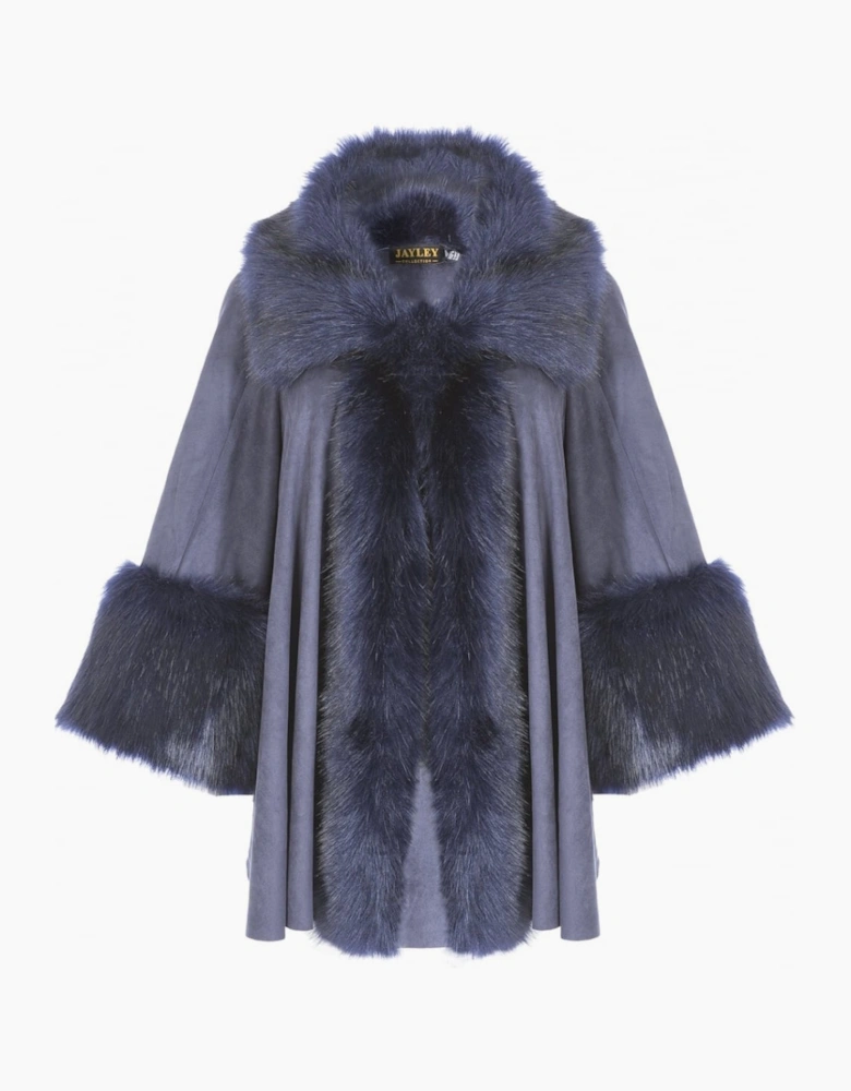 Navy Faux Fur Faux Suede Cape