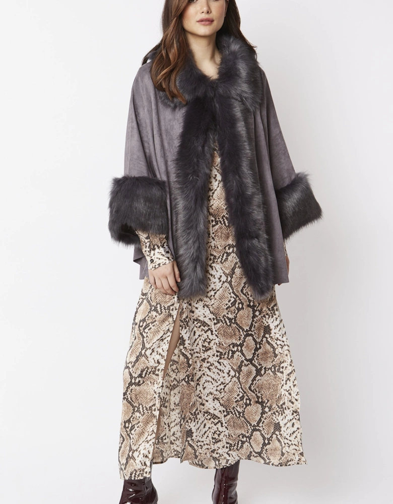 Grey Faux Fur Faux Suede Cape