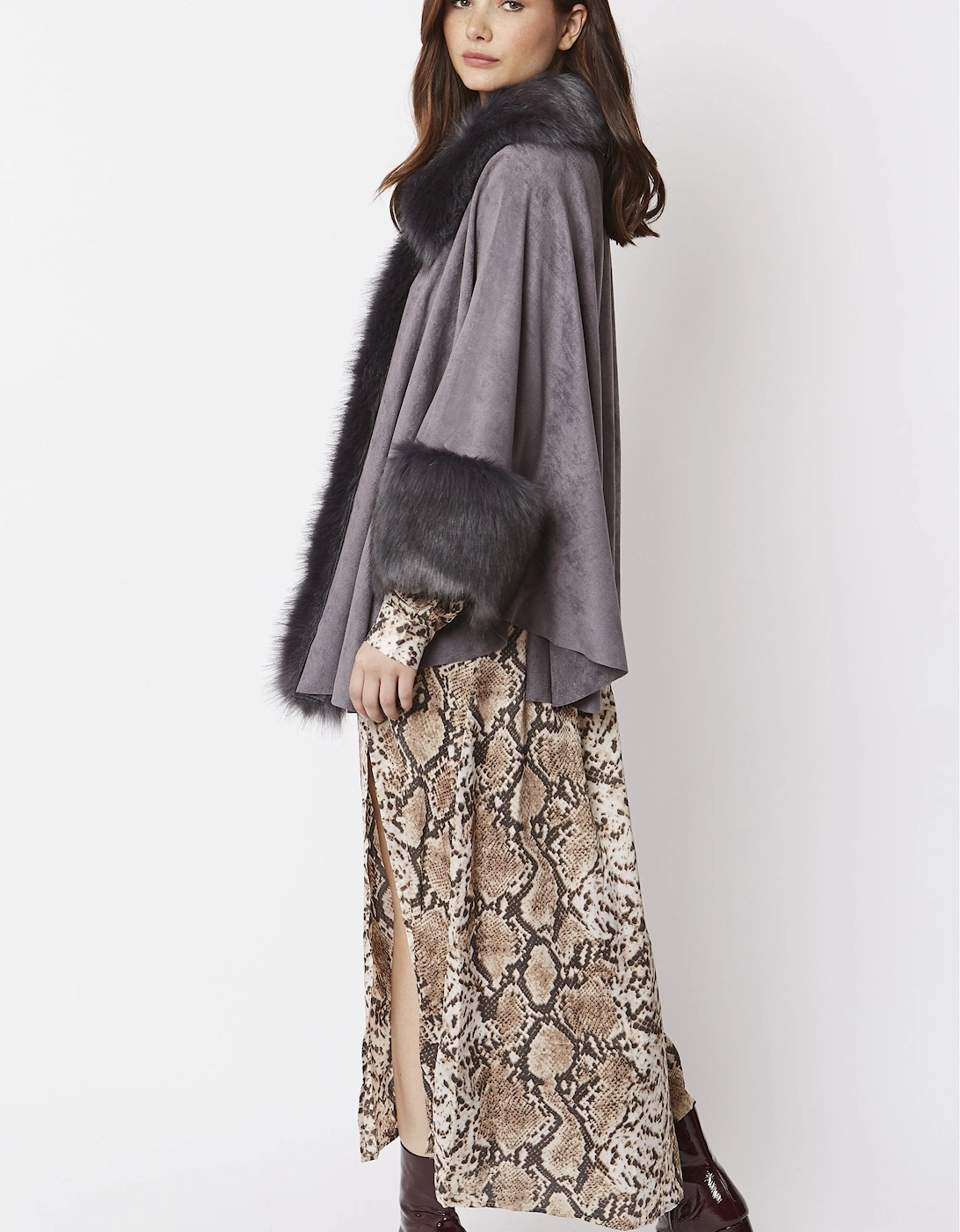 Grey Faux Fur Faux Suede Cape
