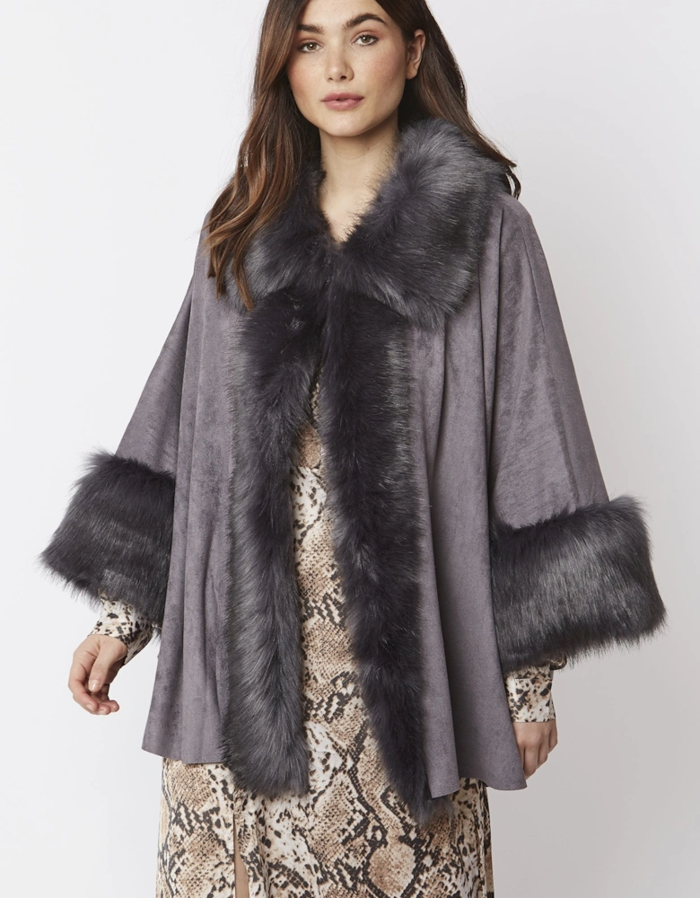 Grey Faux Fur Faux Suede Cape