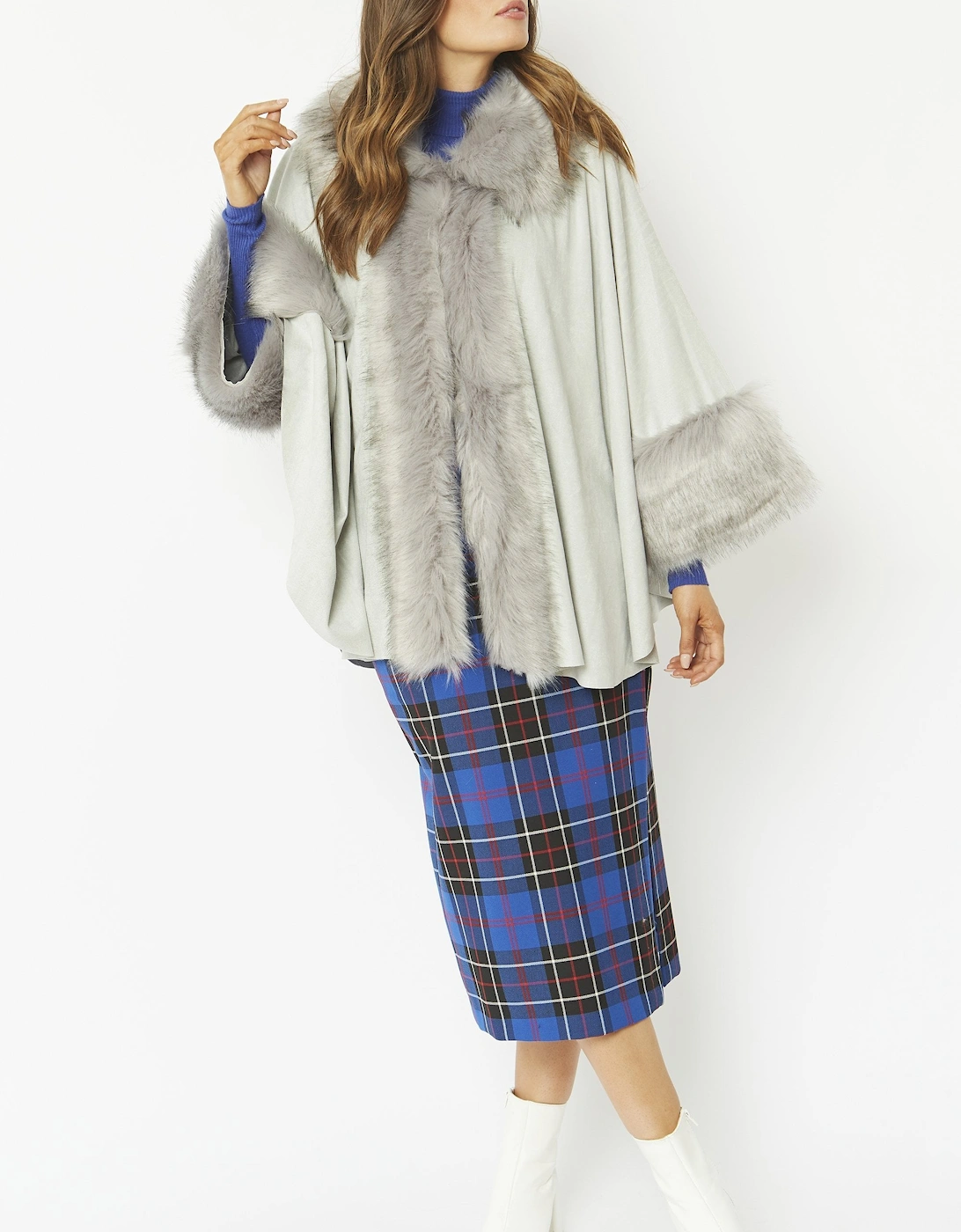 Grey Faux Fur Faux Suede Cape