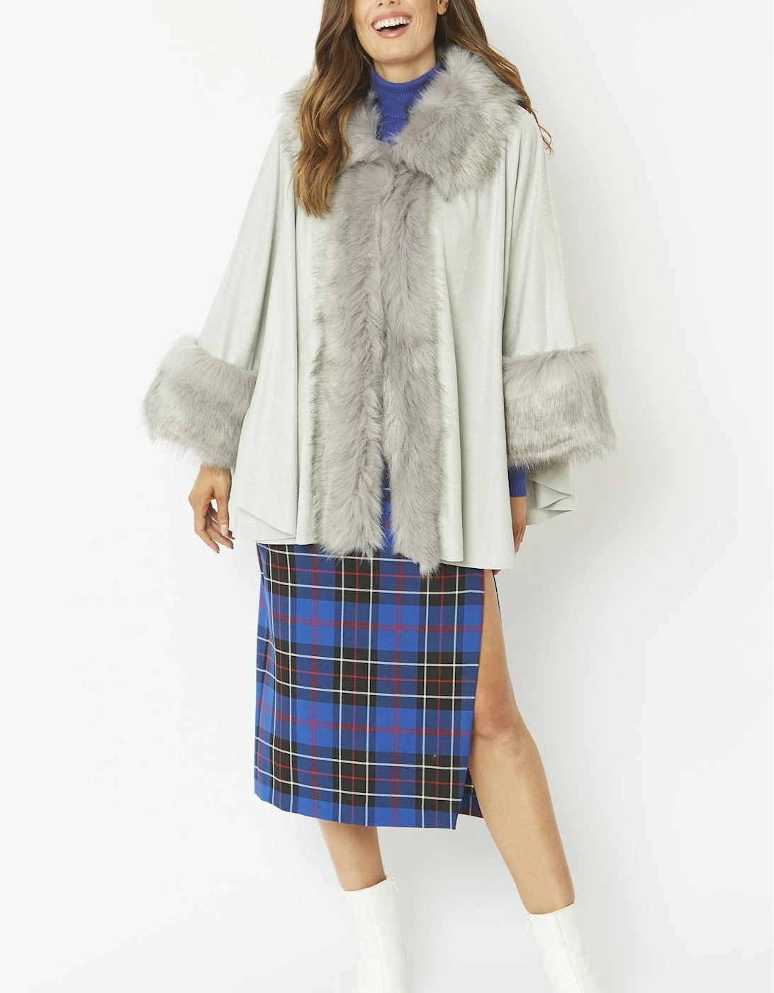 Grey Faux Fur Faux Suede Cape