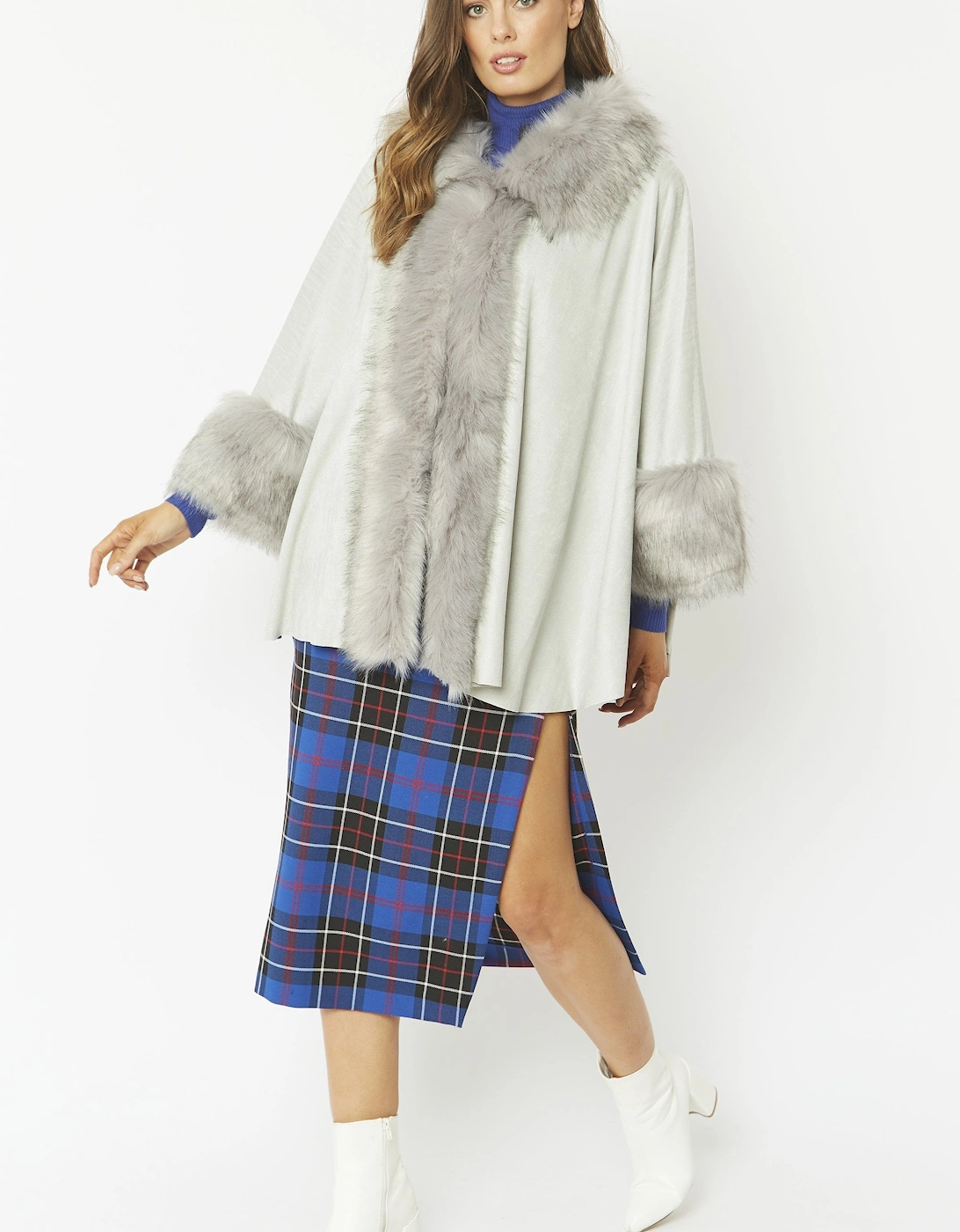 Grey Faux Fur Faux Suede Cape