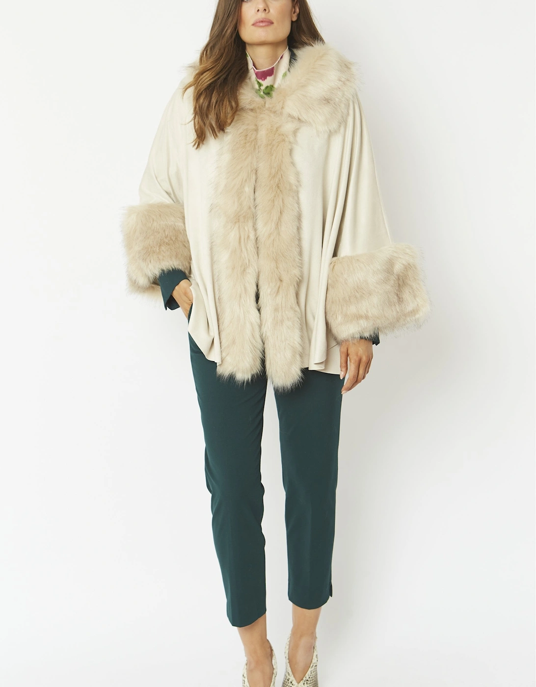 Cream Faux Fur Faux Suede Cape