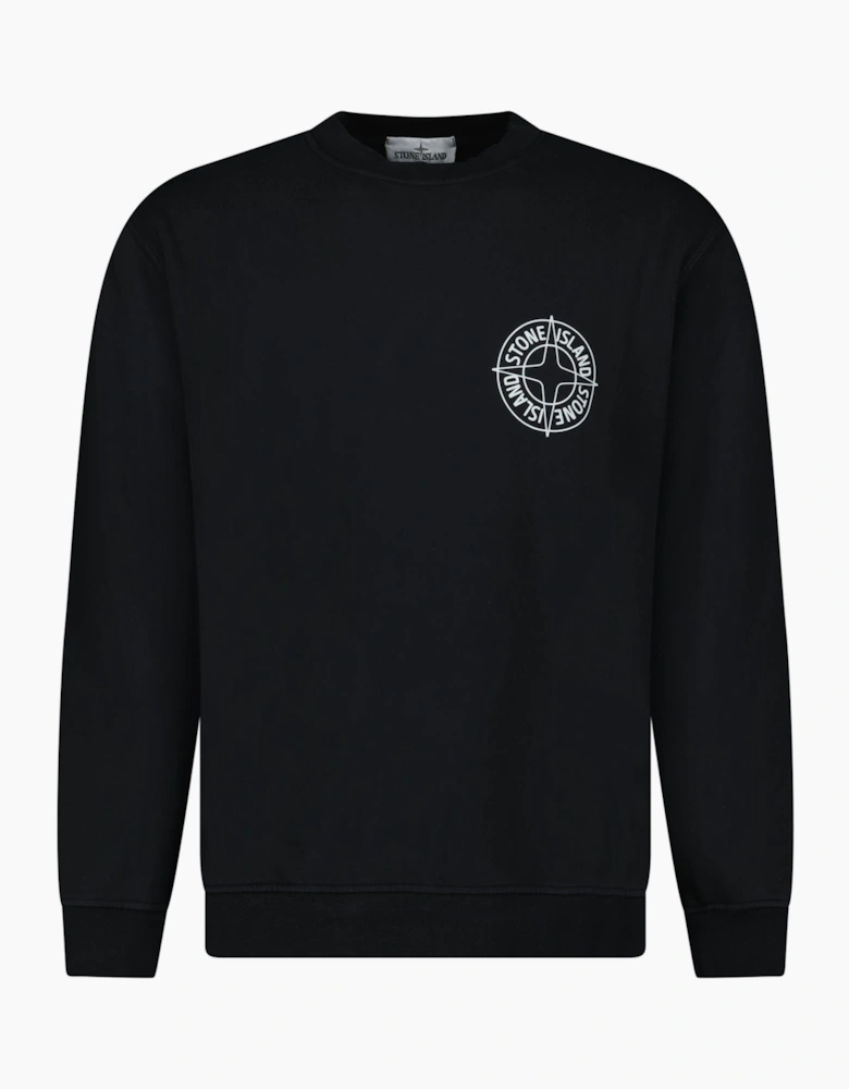 Stone Island Compass Print Cotton Fleece Crewneck Sweatshirt in Black