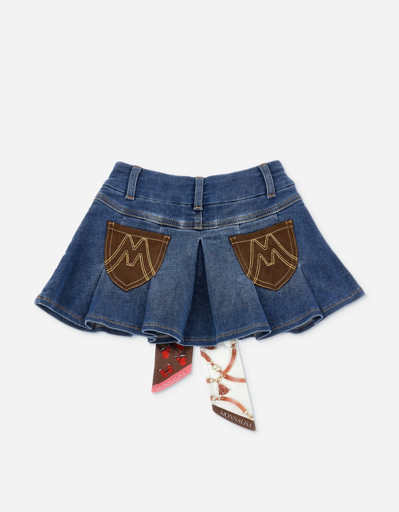 Monnalisa Girls Denim Skirt with Equestrian Bow in Blue