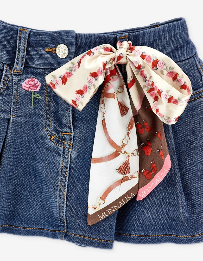 Monnalisa Girls Denim Skirt with Equestrian Bow in Blue
