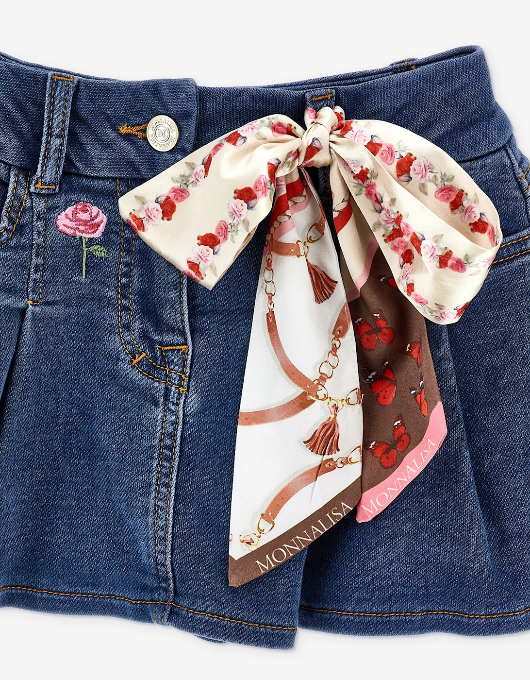Monnalisa Girls Denim Skirt with Equestrian Bow in Blue