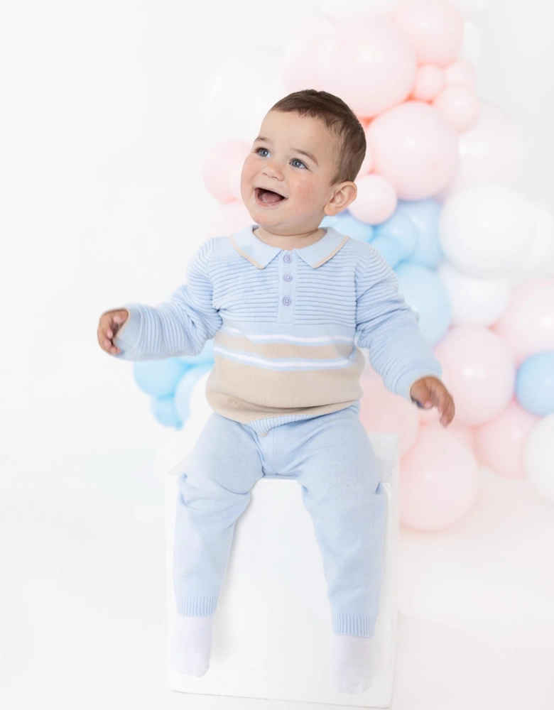Boys Pale Blue and Beige Knit Pant Set