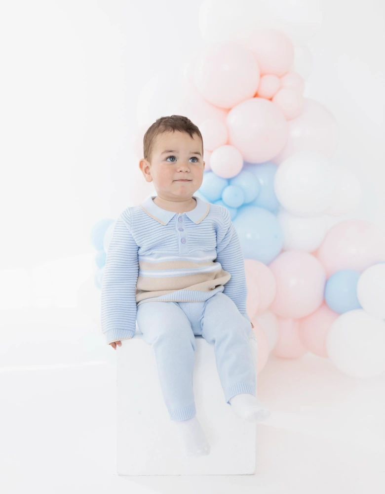 Boys Pale Blue and Beige Knit Pant Set
