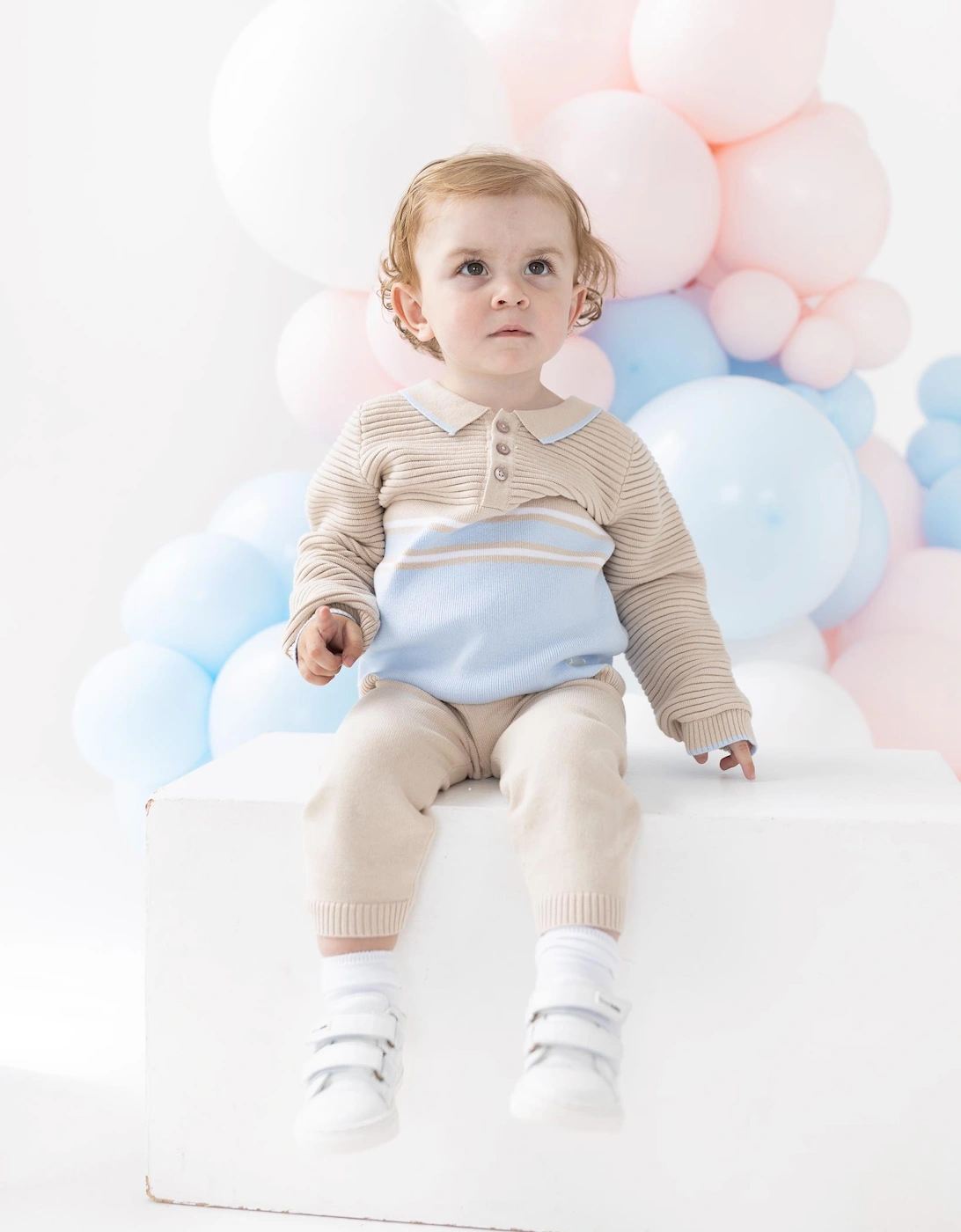 Boys Beige and Blue Knit Pant Set