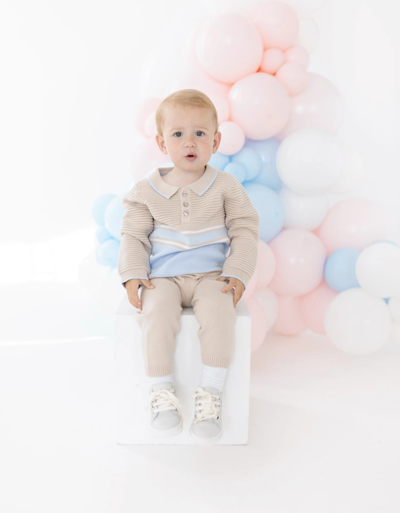Boys Beige and Blue Knit Pant Set