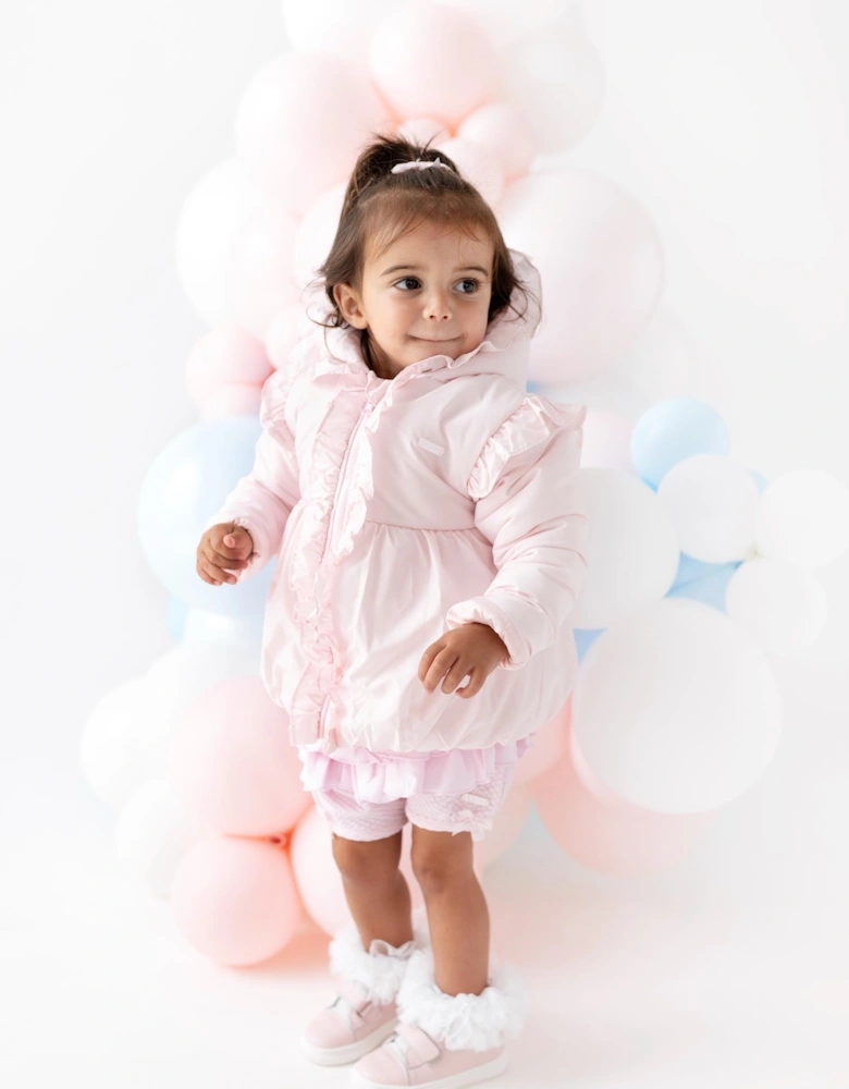Girls Pale Pink Frill Puffer Coat