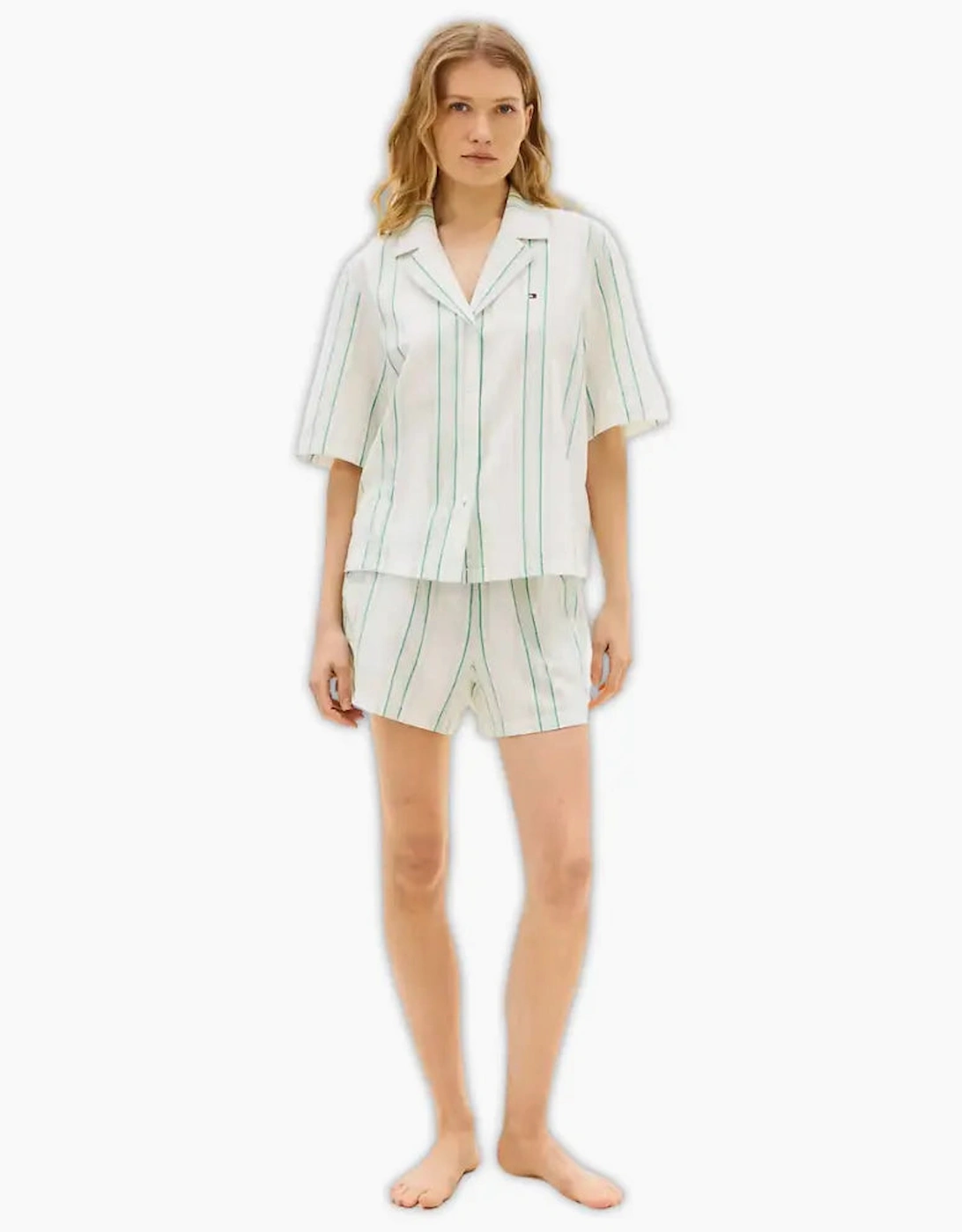 TH Essentials Shirt & Shorts Line Pyjama Set, Tennis Court Green Stripe